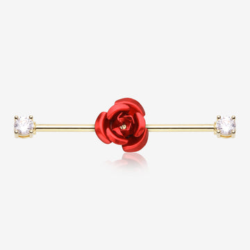 Golden Rose Blossom Sparkle Ends Industrial Barbell-Clear Gem